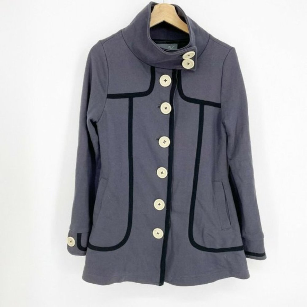 Anthropologie Gray Coat with Black Trim and Cream Buttons
